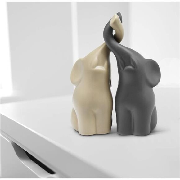 Ceramic Elephant Figurine Set Beige Grey Love Decor Gift for Her Home Table - Picture 3 of 7